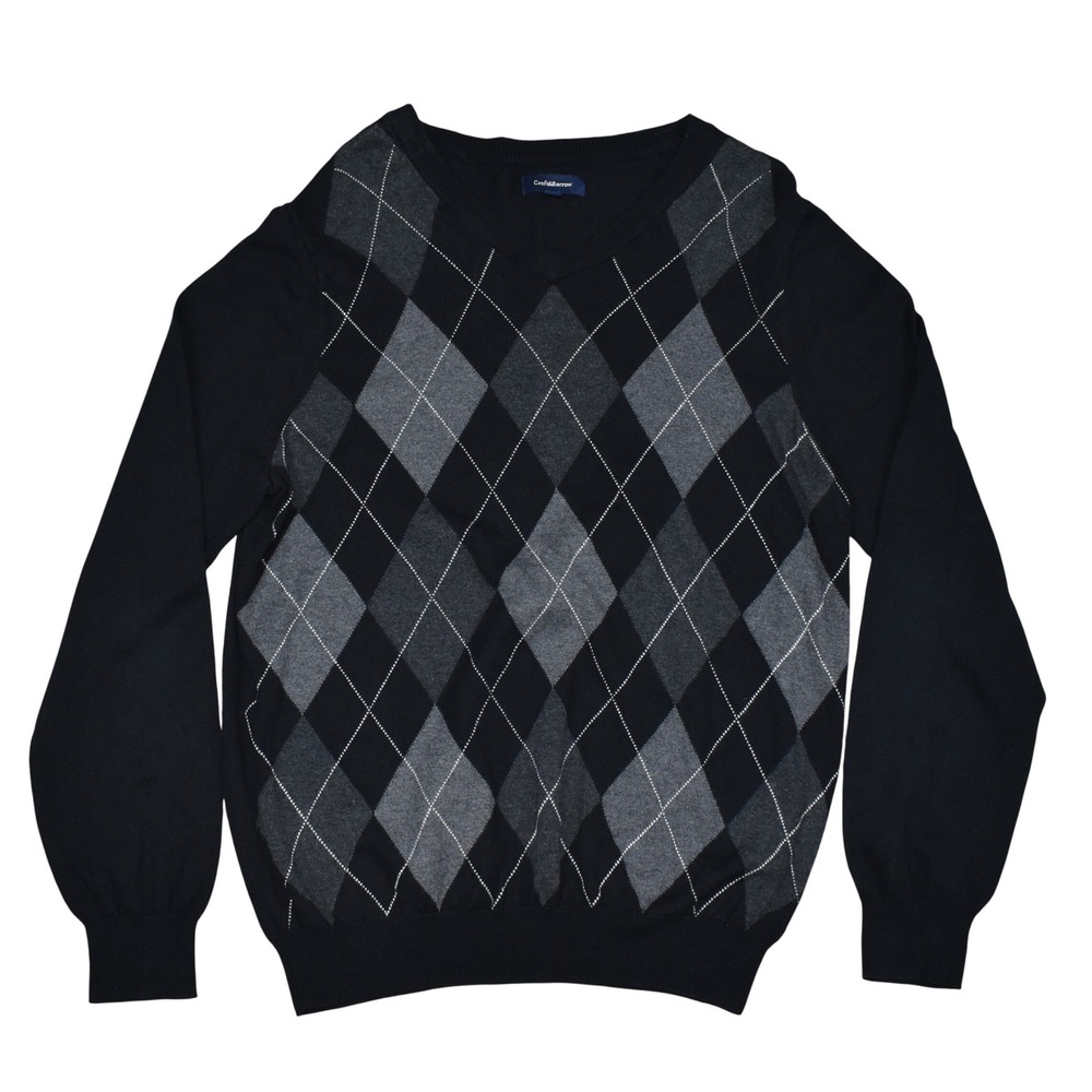Mens V-Neck Sweater Black Argyle Knit Pullover Preppy Dark Academia Retro School